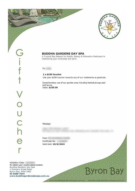 Buddha Garden Day Spa's Gift Voucher Example