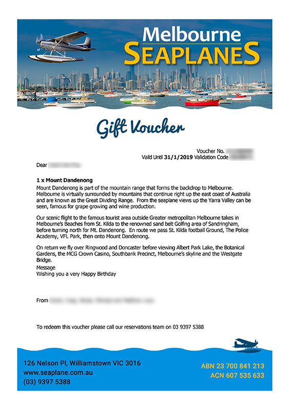 Melbourne Sea Planes Gift Voucher Example