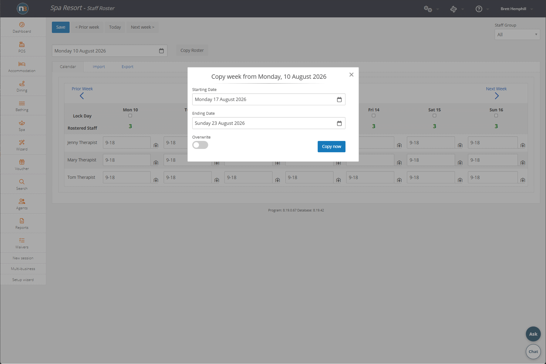 Netbookings staff roster showing three therapists rostered 9 to 18 across a week with lock day tick boxes and rostered staff counts, and a dialog copying that week forward into a date range with an overwrite option