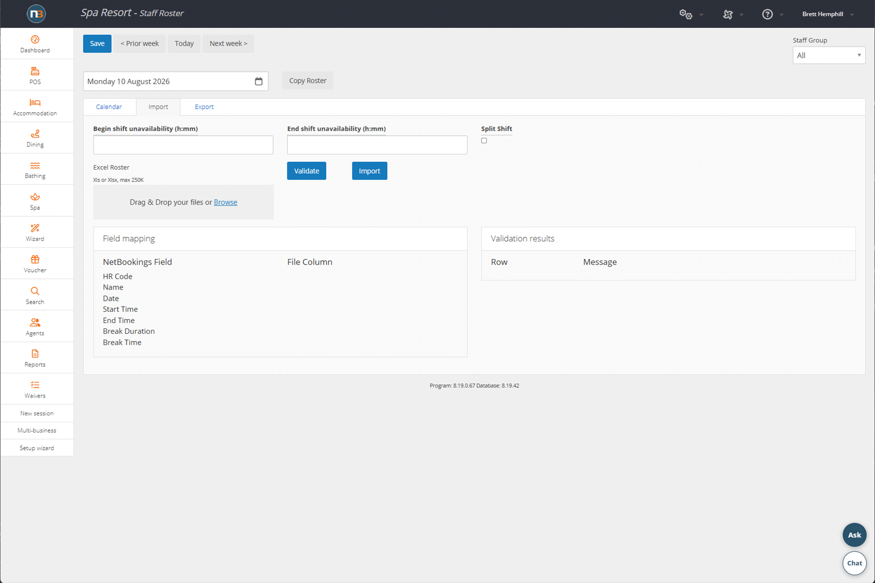 Roster import screen taking an Excel file, with a field mapping panel matching Netbookings fields such as HR code, name, date, start time, end time and break duration to columns in the file, a separate validate button and a row by row validation results panel