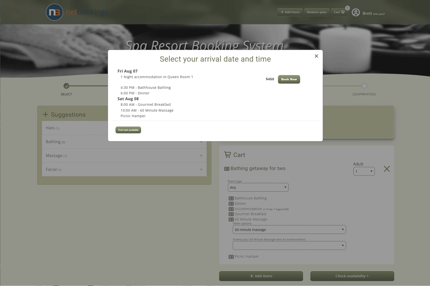 Availability panel showing a two-day itinerary of accommodation, bathing, dinner, breakfast, a massage and a picnic hamper for one price, with the package components listed in the cart