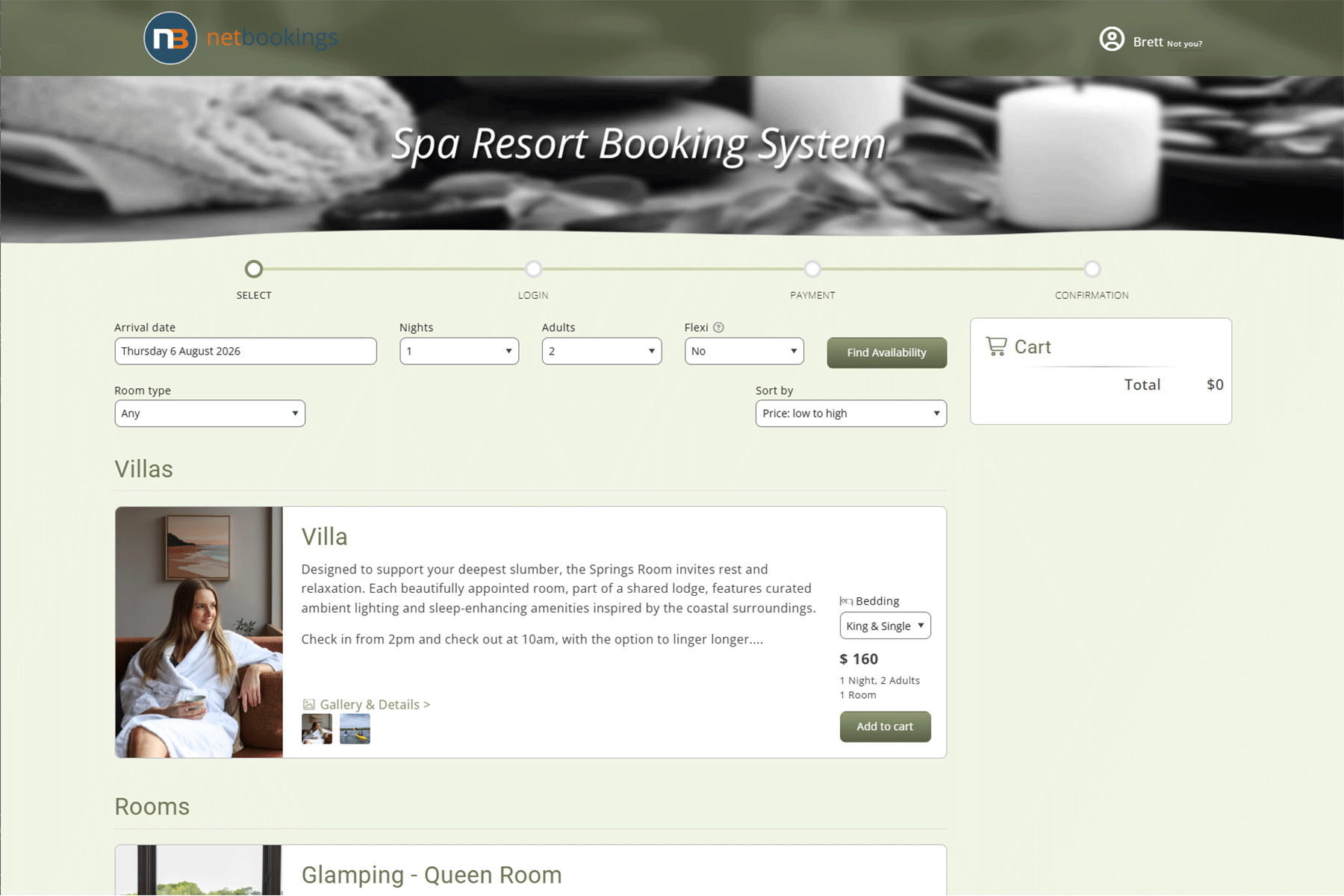 Online accommodation search showing available villas and rooms with pricing