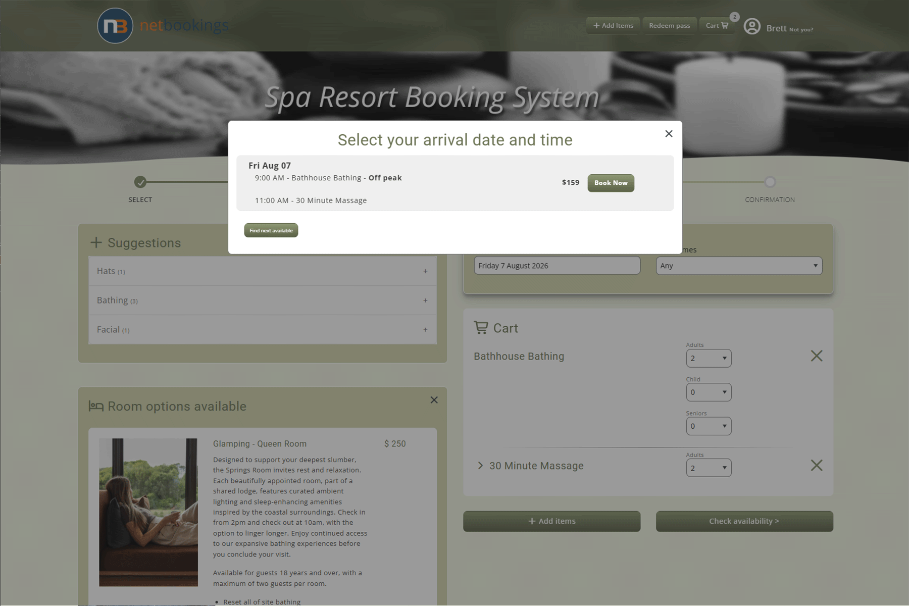 Availability panel offering 9:00 AM bathhouse bathing and an 11:00 AM massage on the same date for one price