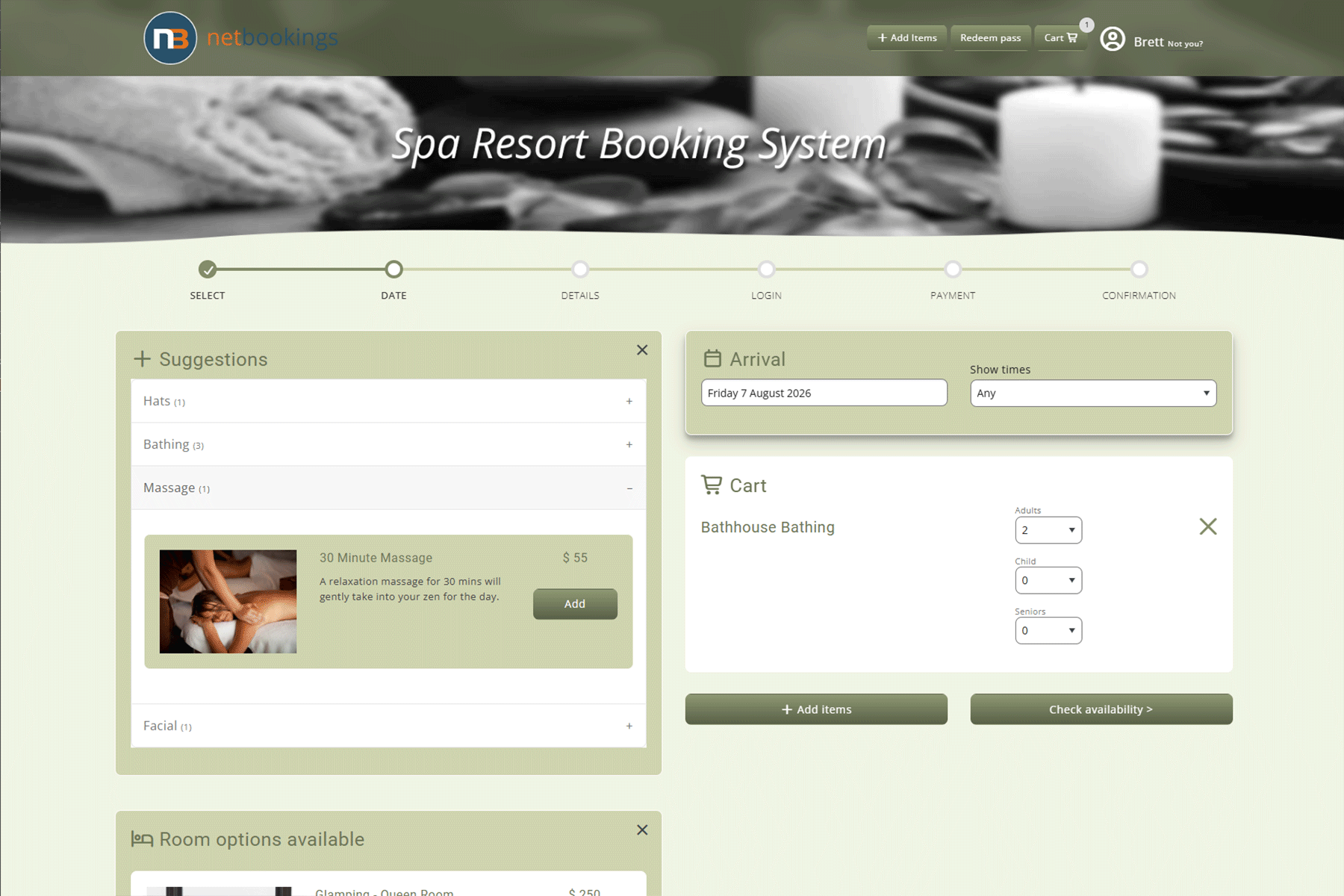 Online bathing booking showing arrival date, session times and adult, child and senior quantities in the cart