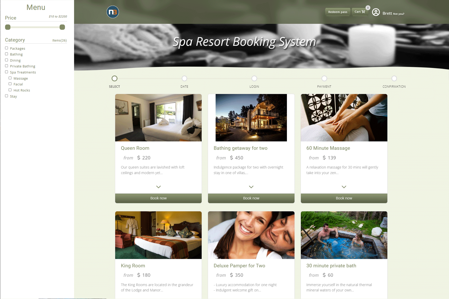 Browse page with a category filter for packages, bathing, dining, private bathing, spa treatments and stays, showing rooms, packages and treatments as cards