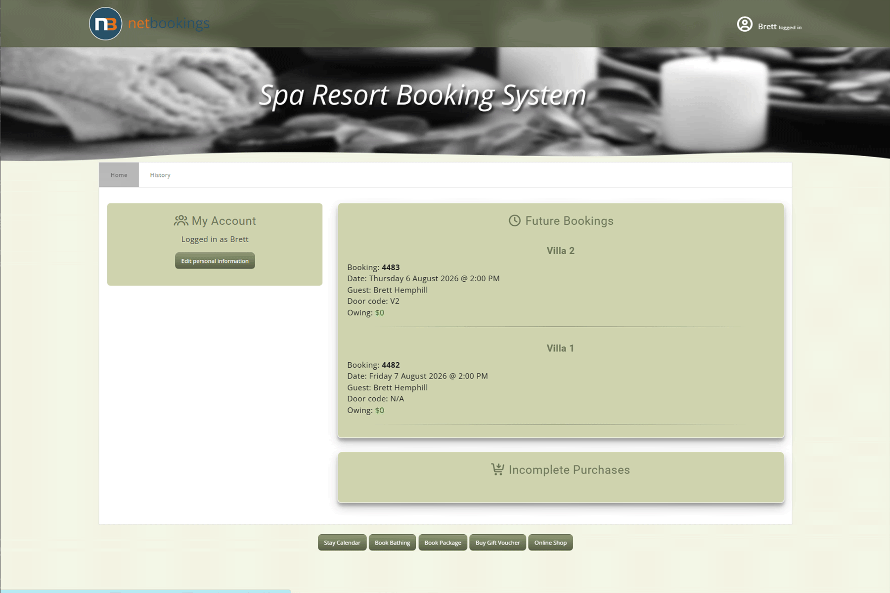 A guest's future bookings in My Account, one showing its door code and one still showing N/A, both paid in full