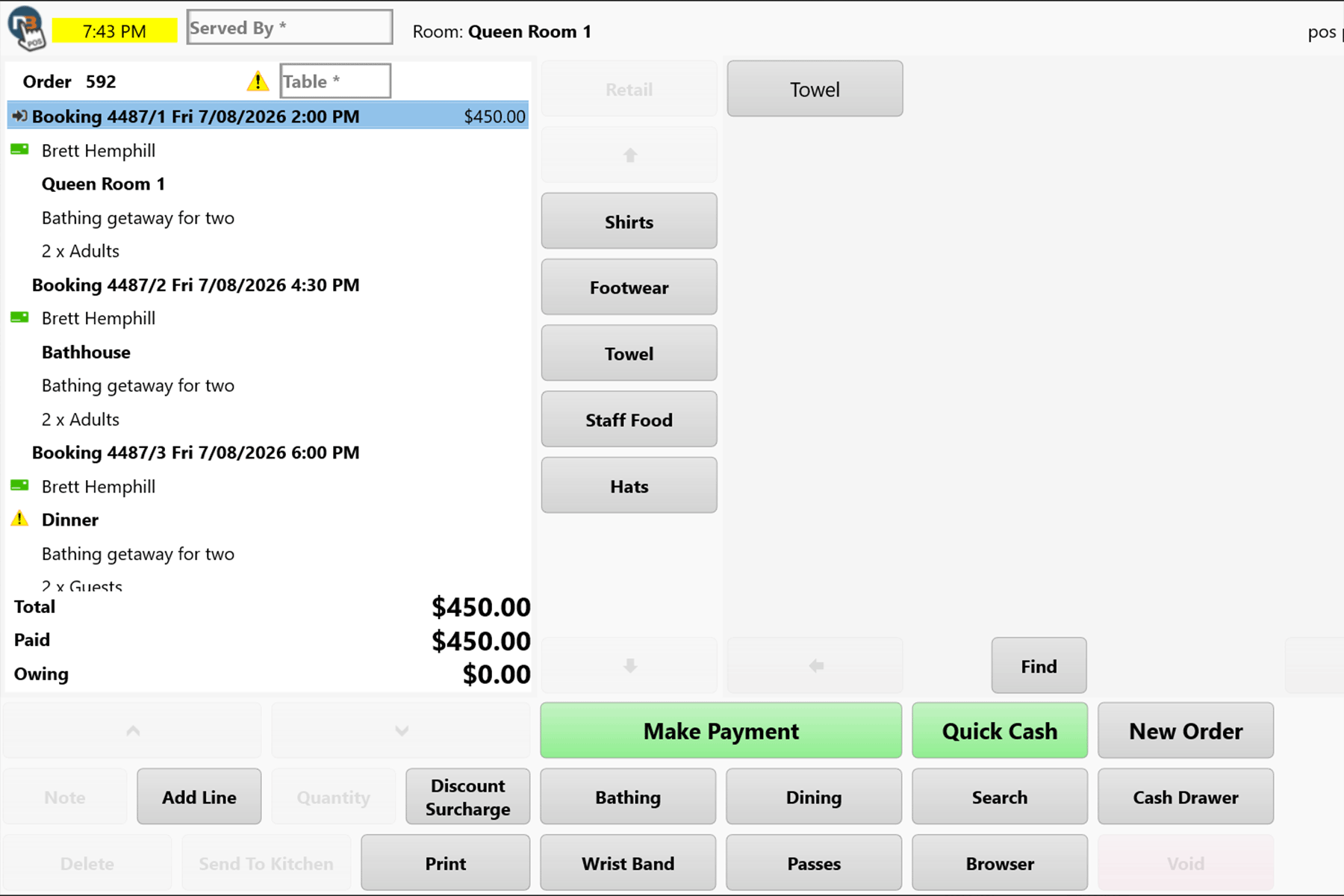 Point of sale showing one package booking split into numbered components for the room, the bathhouse and dinner, with total, paid and owing