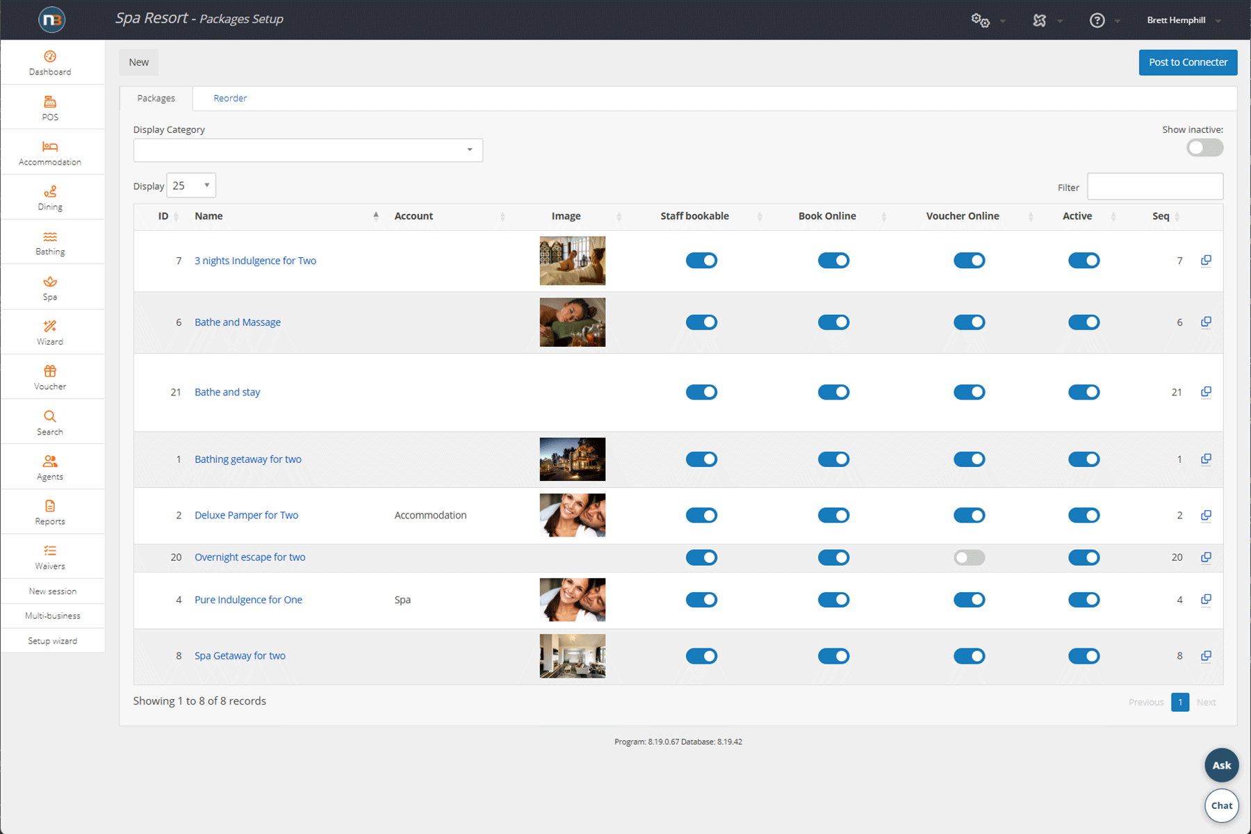 Package setup list showing eight packages, each with an account, an image and separate toggles for staff bookable, book online, voucher online and active
