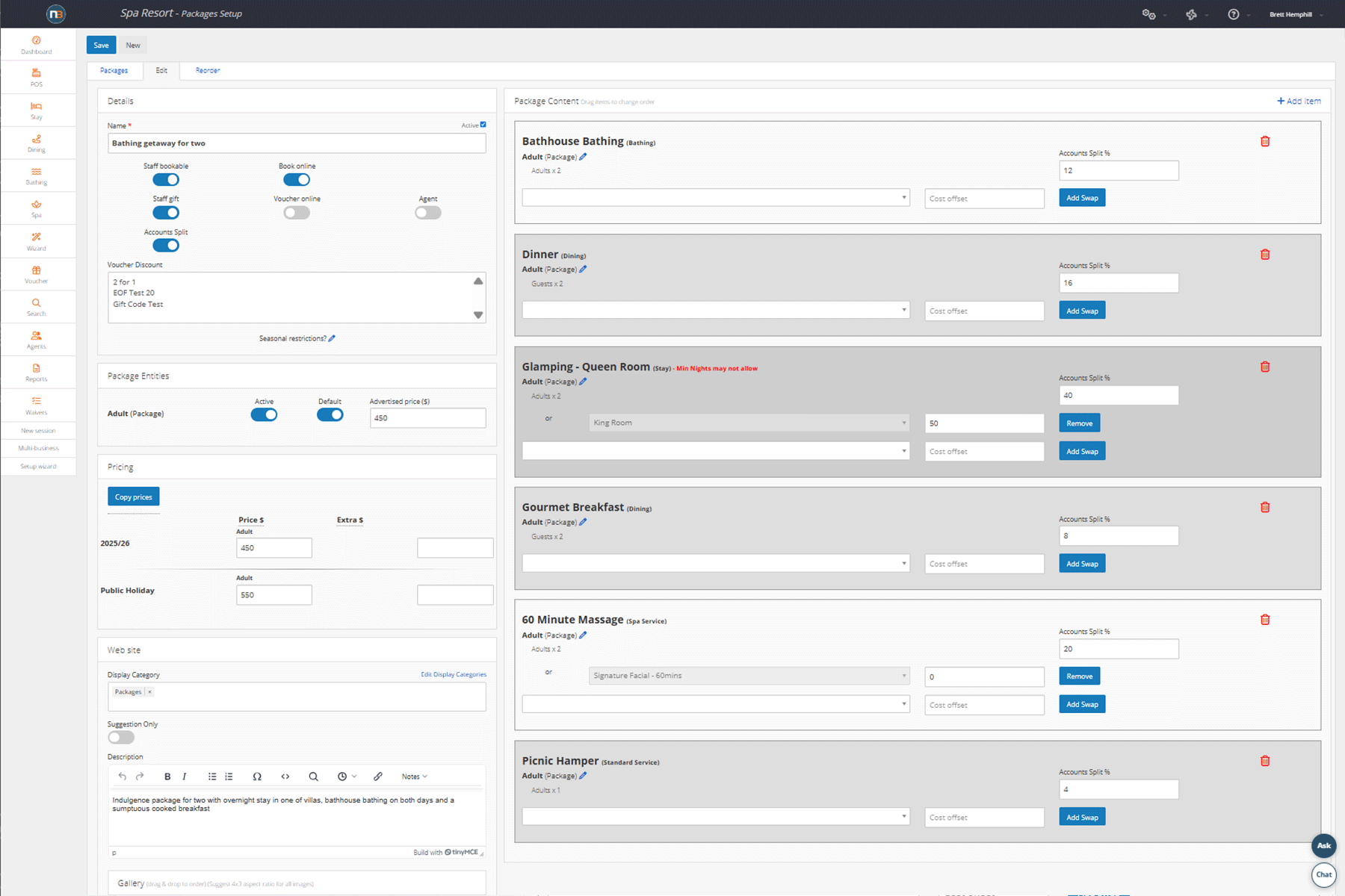 Back-end package setup for Bathing getaway for two, showing its six components with swap options, cost offsets, accounts split percentages and seasonal pricing