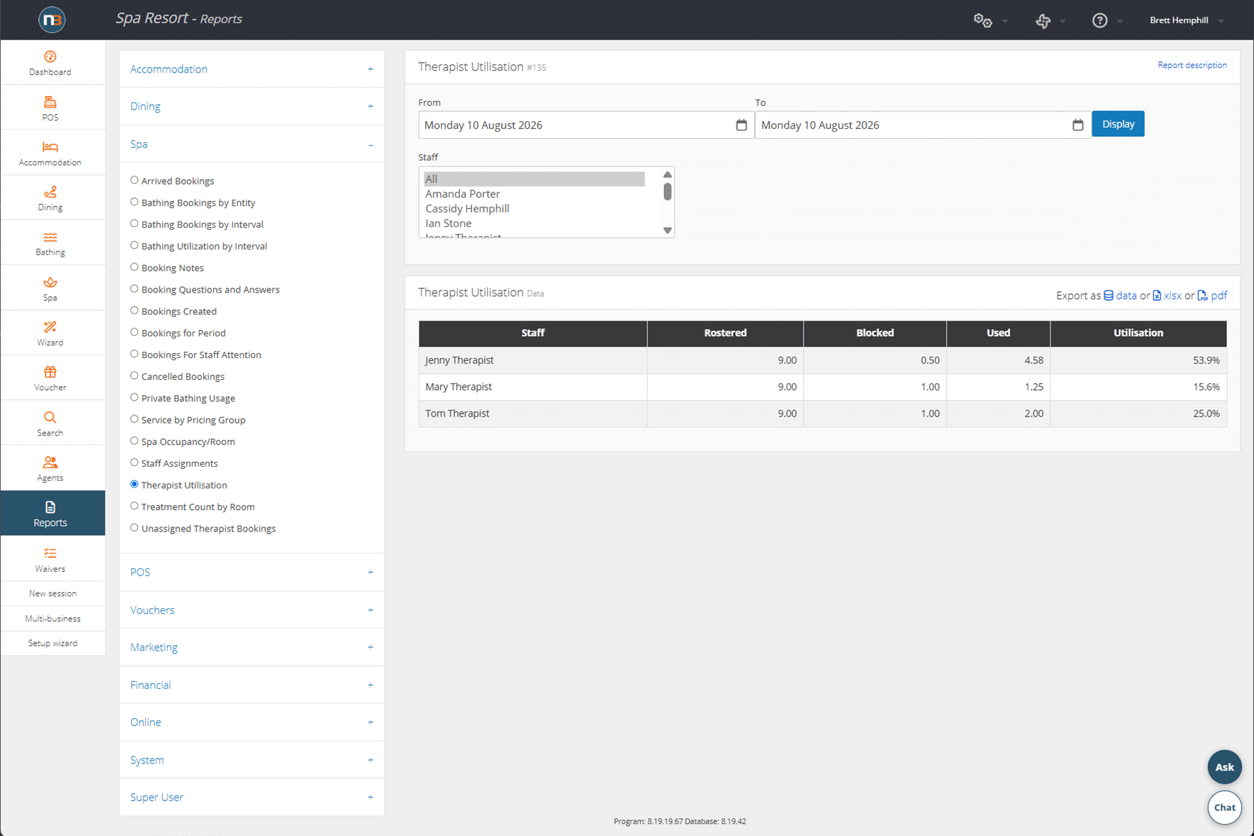 Therapist Utilisation report for a single day listing each therapist with hours rostered, hours blocked, hours used and a utilisation percentage, with export options for data, spreadsheet and PDF