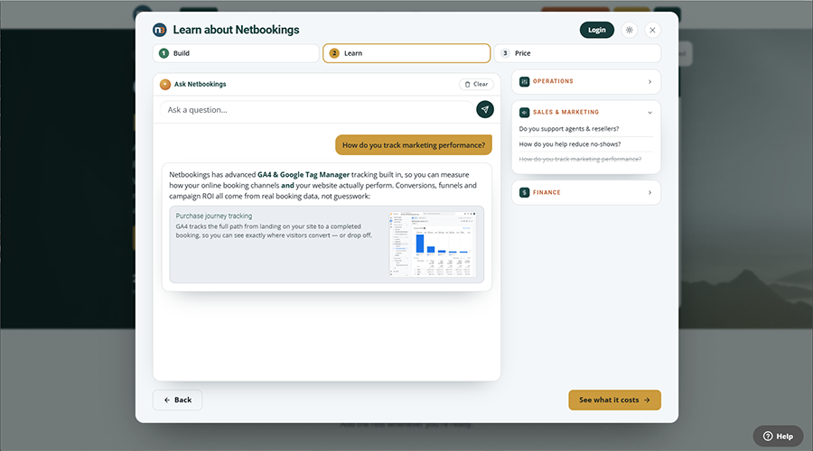 Ask Netbookings answering a question on the Netbookings website